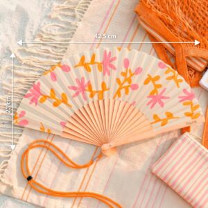 Éventail Motif Fleurs Orange et Rose